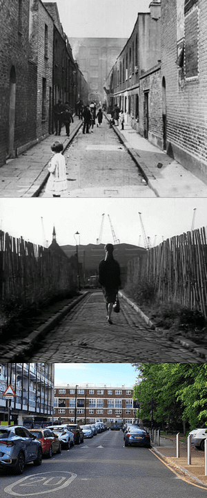 Turner Buildings through the years. Top to bottom: 1910, 1964 (Francesca Annis in 'Saturday Night Out'), May 2025.